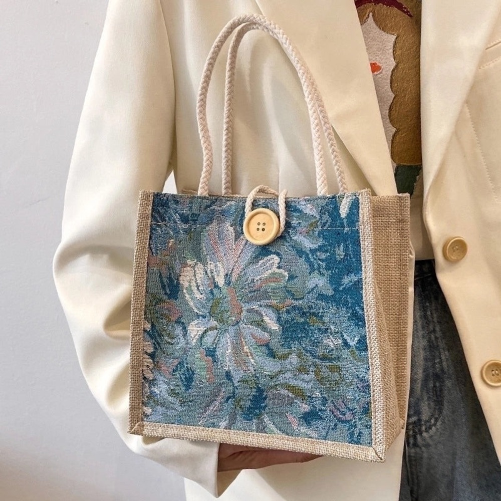 Floral Blue Small All Seasons Canvas Ethnic Style Square Bag Tote Bag